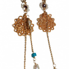 B194. Cercei asimetrici love-story, turcoaz perle, fir Aurit, 9 cm, DeLux, Nou