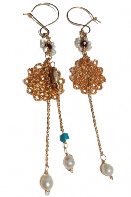 B194. Cercei asimetrici love-story, turcoaz perle, fir Auriu, 9 cm, DeLux, Nou foto