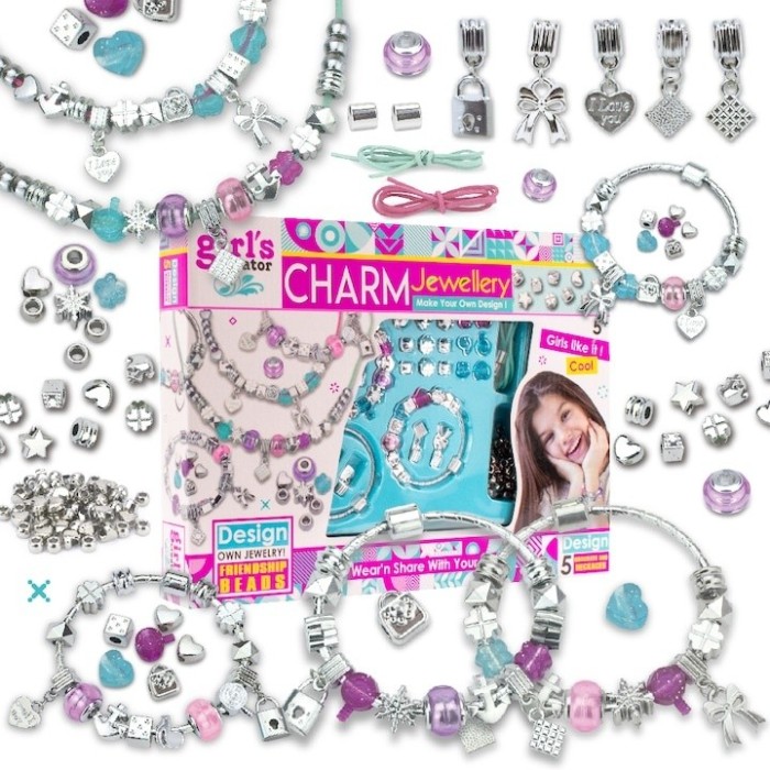 Set pentru creat bratari si lantisoare pentru copii, cu pandantive, margele si accesorii pentru bijuterii, multicolor, aproximativ 110 elemente