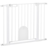 PawHut Barieră Reglabilă pentru C&acirc;ini cu Ușă Mică, Montare prin Presiune și &Icirc;nchidere Automată, Dimensiune 75-103x76 cm, Alb | Aosom Rom&acirc;nia