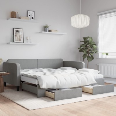 vidaXL Pat de zi cu extensie și sertare, gri deschis 100x200 cm textil 3196875 foto