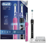 Set 2 periute de dinti electrice Oral-B Smart 4 4900, 40000 pulsatii/min, 8800 oscilatii/min, Curatare 3D, Bluetooth, 3 Programe, 2 Capete (Roz/Negru)