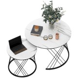 HOMCOM Mese de cafea &icirc;n set de 2 bucăți, aspect marmură, plăci de particule, metal, mese de cafea rotunde pentru living, plasabile unul &icirc;n altul, Alb