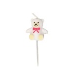 Cumpara ieftin Lumanare decorativa pentru tort, model ursulet alb cu fundita roz, cu betisor pentru fixare, decor aniversari si botezuri, 7.2 x 3.4 cm