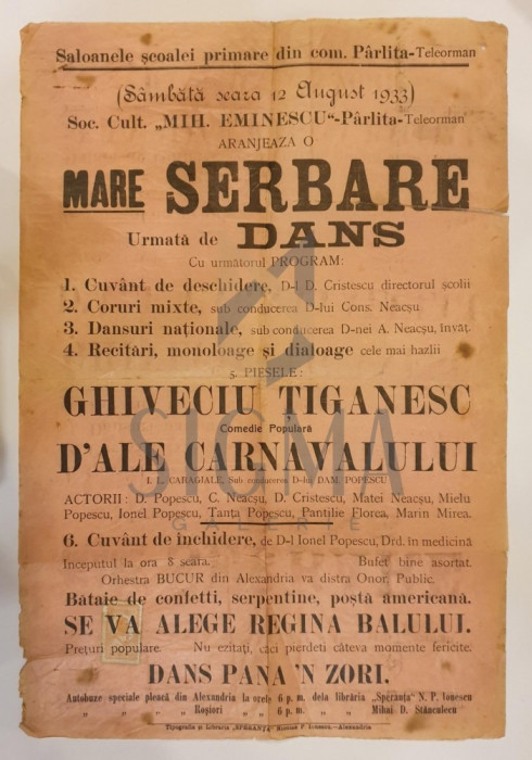 AFIS, SCOALA PRIMARA COM. PARLITA - TELEORMAN , SERBARE, DANS, TEATRU, REGINA BALULUI, 1933