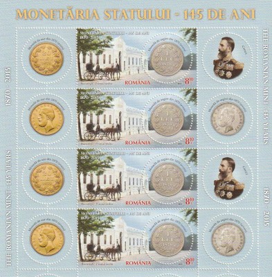 ROMANIA 2015 LP 2068 e 145 DE ANI DE LA INAUGURAREA MONETARIEI STATULUI MINICOALA DE 4 TIMBRE SI 8 VINIETE MNH NESTAMPILATA foto