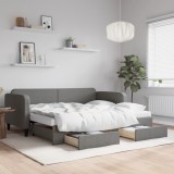 vidaXL Pat de zi cu extensie și sertare, gri &icirc;nchis, 90x190cm, textil