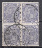 1890/91 LP 47 c CAROL CIFRA IN 4 COLTURI FARA FILIGRAN BLOC 4 STAMPILA BUCURESTI, Stampilat