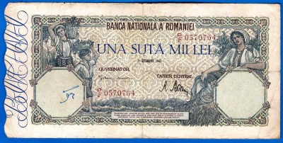 (58) BANCNOTA ROMANIA - 100.000 LEI 1946 (21 OCTOMBRIE 1946), FILIGRAN ORIZONTAL foto