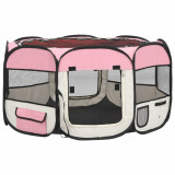 Țarc joacă pliabil c&acirc;ini cu sac de transport roz 125x125x61 cm
