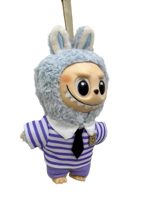 Breloc de plus Labubu albastru cu costum mov in dungi foto