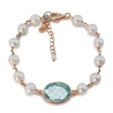 Brățară Argint 925 cu Cuarț Albastru Celest și Perle Cultură Jolie, placată Aur Roz, Ajustabilă 17-23cm, Made in Italy