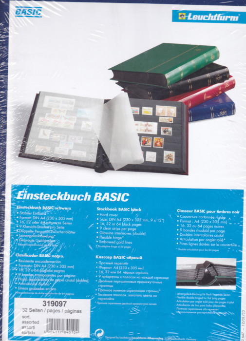 CLASOR TIMBRE 16 FOI / 32 PAGINI NEGRE MARCA LEUCHTTURM BAZIC!, GERMANIA, SIGILAT