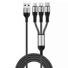 Cablu incarcare 3 in 1, PRESTIGE CHARGE&reg;, pentru Iphone, Samsung, Huawei, 15WA, USB la USB-C, LIGHTNING, MICRO USB, TYPE C, 1.2m, negru