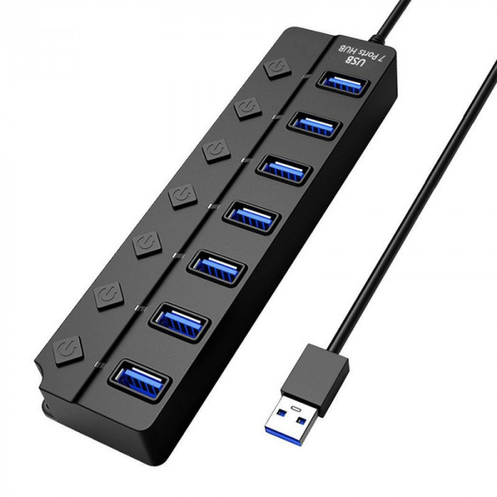 Hub USB cu 7 porturi Techstar&reg; HUBA2401, 7 x USB 2.0, indicator LED pentru putere, comutator independent, Negru