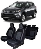 Huse scaune dedicate auto Toyota RAV 4 2013-2019, Tesut Jacquard laminat, Gri+Negru, Set complet, Compatibilitate Airbag