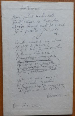 Poezie in manuscris, Lui Hornet, de Ilarie Voronca, datata 1926 foto