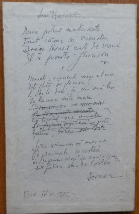 Poezie in manuscris, Lui Hornet, de Ilarie Voronca, datata 1926