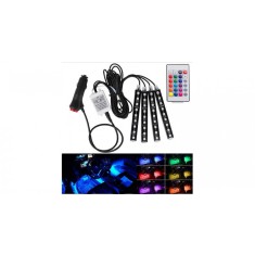 Kit iluminare ambientala auto banda LED RGB, interior masina, 4 benzi, 48 leduri, senzor muzica, multicolor, 12V, cu telecomanda
