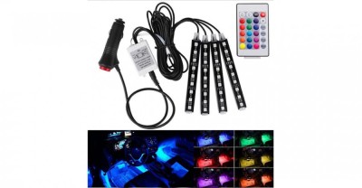 Kit iluminare ambientala auto banda LED RGB, interior masina, 4 benzi, 48 leduri, senzor muzica, multicolor, 12V, cu telecomanda foto