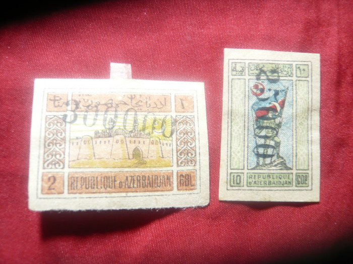 2 Timbre Azerbaijan 1922 si 1923 - supratipar valoare noua : 300 000r/2r si 25