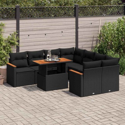 vidaXL Set mobilier grădină perne 9 piese negru poliratan/lemn acacia 3327464 foto