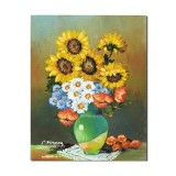 Tablou pictat manual, Carafa cu floarea soarelui, maci, margarete si albastrele, 50x40cm ulei pe panza, Constantin Feraru
