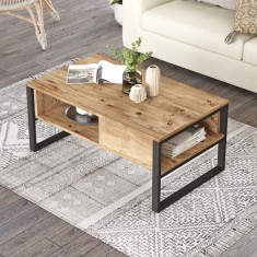 Masa de cafea Laukaa pal metal stejar rustic negru cu 2 spatii depozitare [en.casa] HausGarden Leisure