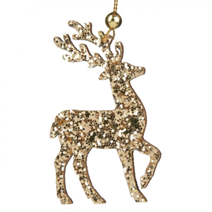 Ornament Brad Crăciun, Model Cerb, Glitter Auriu, 8cm, Lemn