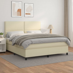 vidaXL Pat box spring cu saltea, crem, 160x200 cm, piele ecologică