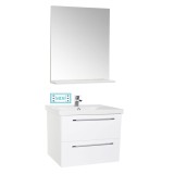 Set mobilier baie suspendat, cu lavoar ceramic, GN0541, front MDF, 70 cm, 2 sertare, glisiere soft close si oglinda cu polita GN0551, dreptunghiulara,