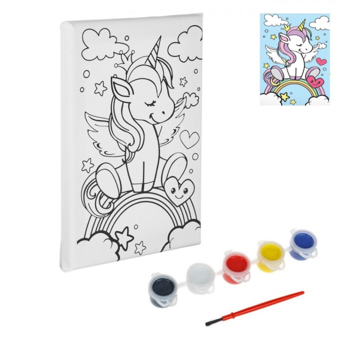 Set Pictură Canvas, Model Unicorn, Dimensiune 20x15cm, Multicolor, Pensulă Inclusă