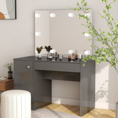 vidaXL Masă de machiaj cu lumini LED gri strălucitor 110x55x145 cm MDF foto