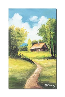Tablou pictat manual, La casuta din padure, 50x30cm ulei pe panza, Constantin Feraru foto