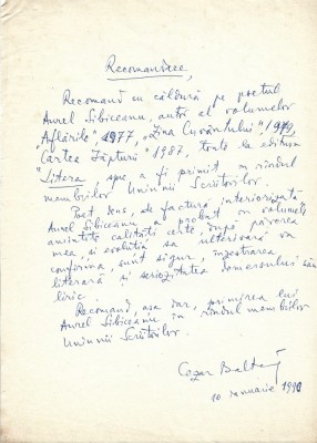 A3587N Cezar Baltag, act scris și semnat olograf, 1990 foto
