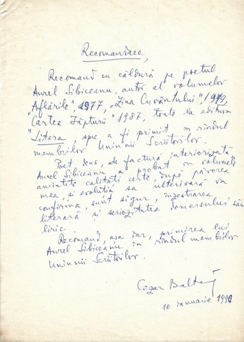 A3587N Cezar Baltag, act scris și semnat olograf, 1990