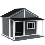 PawHut Casuță din Lemn de Exterior pentru C&acirc;ini, Cușcă pentru C&acirc;ini cu Terasă, Fereastră și Acoperiș Impermeabil, 124x112x105 cm, Gri | Aosom Romania