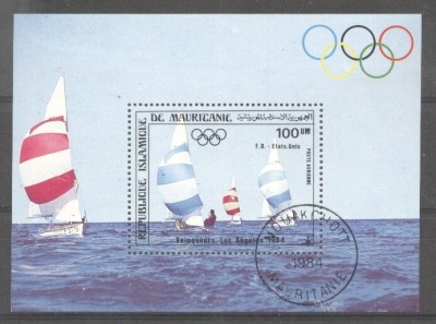 Mauritania 1984 Sport, Olympics, Ships, Navigation, perf. sheet, used M.252 foto