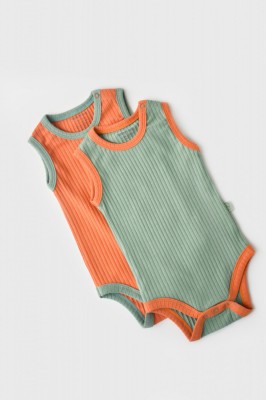 Set 2 body-uri fara maneci Ribana Bebe Unisex din bumbac organic si 5%elastan - Portocaliu/Verde BabyCosy (Marime: 9-12 luni) foto