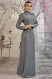 Rochie Eleganta Gri Petrol Evenimente Speciale: Nunta, Botez, Banchet, Majorat. Bust Burete, Margele, Strasuri. Lunga, Captusita