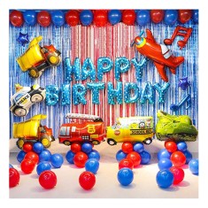 Set baloane Masini, Cars, 7 masini folie de aluminiu, 54 baloane, Banner Happy Birthday baloane, 3 perdele decorative, 1 banner decorativ
