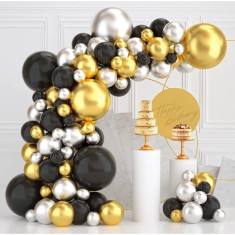 Set 163 Baloane din Latex, Cyrax, Model Petrecere pentru Arcada, Baloane Party, 12 cm, 30 cm, 45 cm, Negru, Auriu, Alb