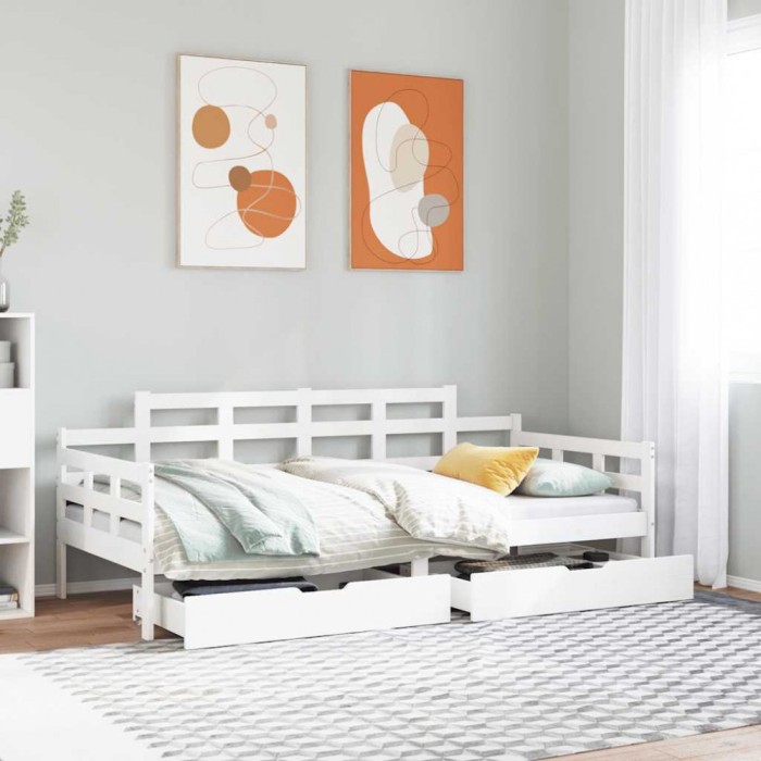vidaXL Pat de zi cu sertare, alb, 90x190 cm, lemn masiv pin 3302125