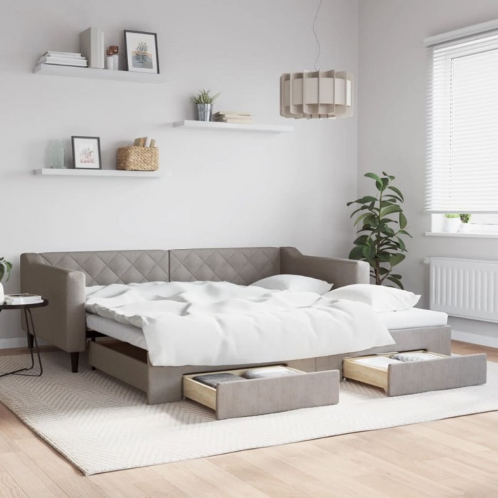 vidaXL Pat de zi cu extensie și sertare, gri taupe, 100x200 cm, textil 3197470