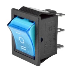 Intrerupator basculant rocker iluminat albastru ON, OFF, ON, 30A 250V AC, 22x30 mm, montaj panou, KCD4-0301-23-30A-BLUE
