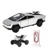 Masina metalica tip Tesla Cybertruck cu ATV, sunete realistice, Farurile si stopurile lumineaza, Usile, capota si portbagajul se deschid, 18,5x7x6cm.