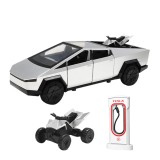 Masina metalica tip Tesla Cybertruck cu ATV, sunete realistice, Farurile si stopurile lumineaza, Usile, capota si portbagajul se deschid, 18,5x7x6cm.