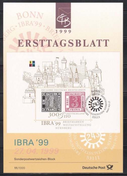 Germania 1999 - Expoziția Internațională de Timbre &bdquo;IBRA &#039;99&rdquo; - N&uuml;rnberg, Carton Filatelic cu Colita