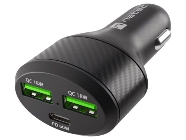 Alimentator auto NATEC USB A x2 și USB C 60W negru