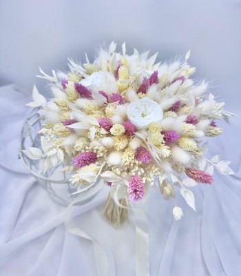 Buchet personalizabil cu trandafiri criogenati si flori naturale uscate, predominant alb foto